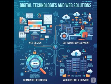 create a design poster for information technology that includes web design software domain and hosting (1)